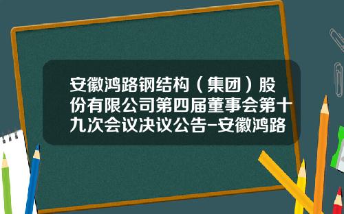安徽鸿路钢结构（集团）股份有限公司第四届董事会第十九次会议决议公告-安徽鸿路置业有限公司