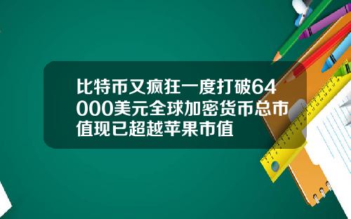 比特币又疯狂一度打破64000美元全球加密货币总市值现已超越苹果市值