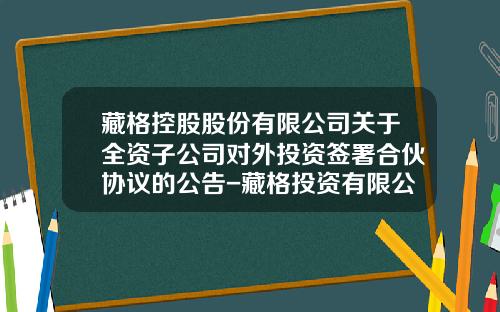 藏格控股股份有限公司关于全资子公司对外投资签署合伙协议的公告-藏格投资有限公司